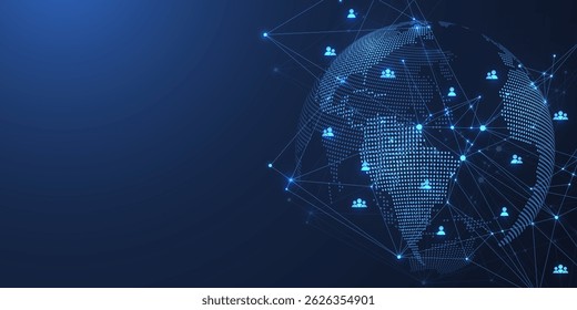 Kommunikationskonzept für soziale Netzwerke. Abstrakter Hintergrund der globalen Netzwerkverbindung. Webbanner mit horizontaler Kopfzeile. Internet-Technologie. Geschäft. Wissenschaft. Vektorgrafik