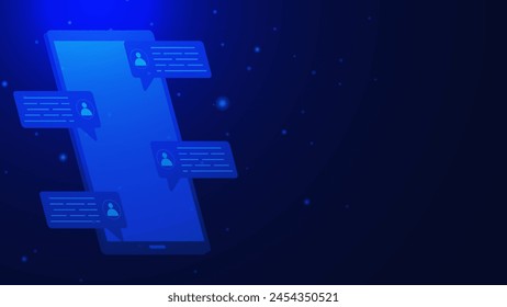 Soziales Netzwerk- und Kommunikationskonzept mit isometrischem Smartphone und Blasenchat auf dunkelblauem Technologiehintergrund. Vektorillustration.