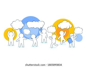 Social Network Communication  concept. Communication systems, Information and management. Little people and bubble speech. White puppets communicate on a chat. Vector illustration EPS8