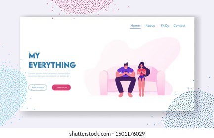 Social Network Communication, Gadget Addiction Website Landing Page. Couple Sitting on Sofa with Smartphones. Relaxing at Home with Digital Devices Web Page Banner. Cartoon Flat Vector Illustration