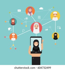 social network communication in the global arab network. connection arab people. arab woman and arab man profile picture.