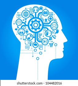 social network, communication in the global computer networks. silhouette of a human head with an interface icons