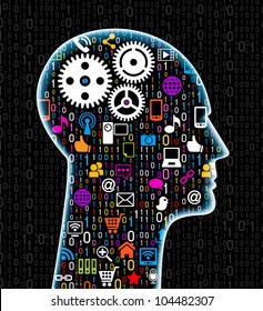 social network, communication in the global computer networks. silhouette of a human head with an interface icons. File is saved in AI10 EPS version. This illustration contains a transparency