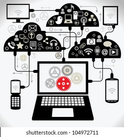 social network, communication in the global computer networks. laptop phone tablet  Connection
