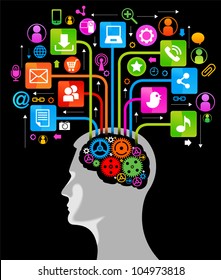 social network, communication in the global computer networks. silhouette of a human head with an interface icons. File is saved in AI10 EPS version. This illustration contains a transparency