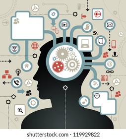 social network, communication in the global computer networks. silhouette of a human head with an interface icons.