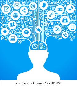 social network, communication in the global computer networks. silhouette of a human head with an interface icons.