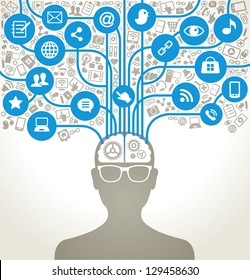 social network, communication in the global computer networks. silhouette of a human head with an interface icons.