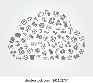 Red social, comunicación en las redes globales de computadores. Iconos de interfaz en forma de nube. Ilustración vectorial plana monocromática