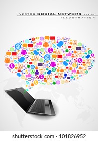 Social network, communication in the global networks showing with networking icons and laptop .isolated on white background. EPS 10. Vector illustration.