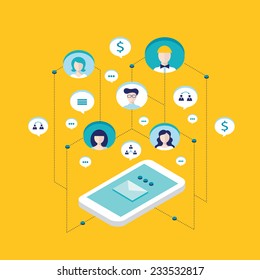 Social network communication Isometric concept  illustration People user avatars and speech bubbles