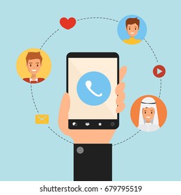 social network communication on smart phone. calling mobile phone to people. illustration vector infographic.
