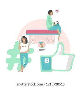 Social network communication vector illustration of people texting chat or reading newsfeed. Flat cartoon modern teen girl and boy user followers in blog account with likes and hashtags