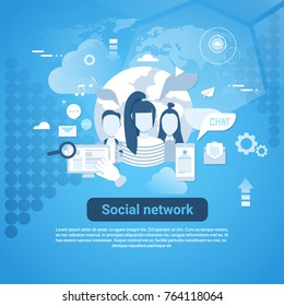 Social Network Communication Web Banner With Copy Space On Blue Background Vector Illustration
