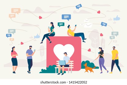 Social Network Community, Digital Marketing Flat Vector Concept. People With Cellphones, Laptop Chatting Online, Working In Internet Outdoors, Walking In Park, Messaging In Social Network Illustration