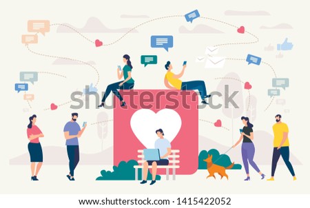 Social Network Community, Digital Marketing Flat Vector Concept. People with Cellphones, Laptop Chatting Online, Working in Internet Outdoors, Walking in Park, Messaging in Social Network Illustration