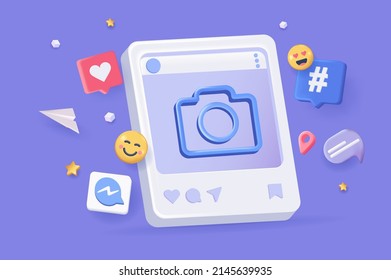 Social network concept 3D illustration. Icon composition with photo posting, hashtag, likes, comments and emoji. Online communication, chatting and blogging. Vector illustration for modern web design