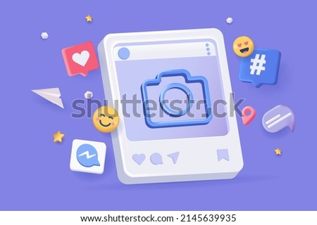 Social network concept 3D illustration. Icon composition with photo posting, hashtag, likes, comments and emoji. Online communication, chatting and blogging. Vector illustration for modern web design