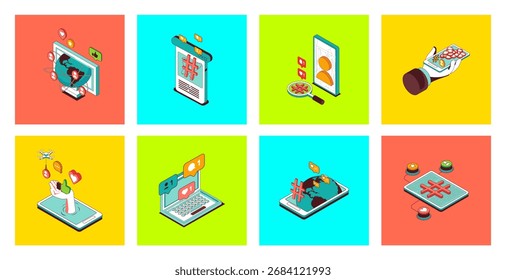 Social network concept of 3d isometric icons set. Pack with connecting and communicating online, chat with friends, commenting, likes and shares posts, sharing information links. Vector illustration.