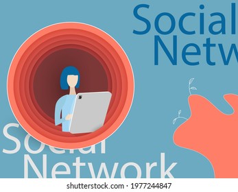 Social network concept art vector illustrator with woman playing tablet. pastel background wallpaper  with abstract art.