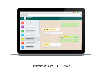 Social network concept. Blank template. SMS messages sending. Laptop with messenger application. Application for communication graphic design. Chat screen display on Laptop design template.