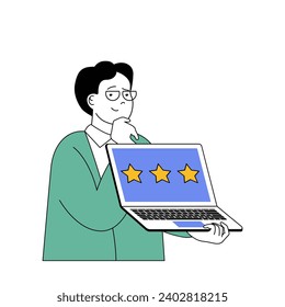 Social network concept with cartoon people in flat design for web. Man creating new posts to blog and getting top stars feedback. Vector illustration for social media banner, marketing material.