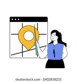 Social network concept with cartoon people in flat design for web. Woman pointing to location pin on map, posting with tracking mark. Vector illustration for social media banner, marketing material.