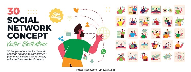 Social Network Concept Character Illustration. Mega Bundle. Collections scenes of social network, technology, business, mobile, marketing concept. Vector Illustration