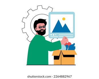 Social network concept with character situation. Influencer posts new photos to online blog, creates content, collects likes and hearts. Vector illustration with people scene in flat design for web