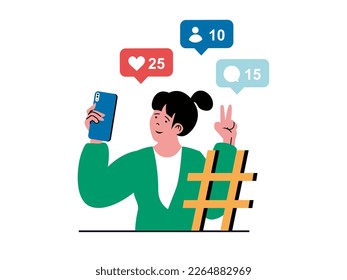 Konzept des sozialen Netzwerks mit Charaktersituation. Frauen, die selfie Foto zu neuen Beiträgen, Sammeln von Gefallen, Kommentare und Blog-Anhänger. Vektorgrafik mit Menschen-Szene in flachem Design für Web