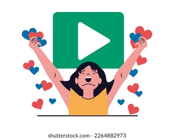 Social network concept with character situation. Happy excited woman collecting many likes and hearts from audience for new blog video. Vector illustration with people scene in flat design for web