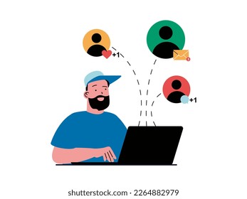 Social network concept with character situation. Man chats with friend, receives new messages, comments and likes using laptop programs. Vector illustration with people scene in flat design for web