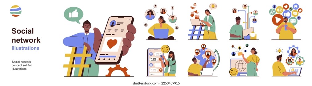 Social network concept with character situations collection. Bundle of scenes people use mobile applications for communicate online in chats and messengers. Vector illustrations in flat web design