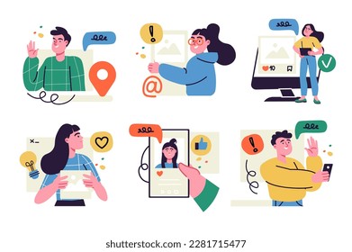 Concepto de red social con colección de situaciones de caracteres. Un conjunto de escenas de personas comunicándose en línea, publicando una nueva foto, me gustan los posts de amigos en la aplicación. Ilustraciones vectoriales en diseño web plano