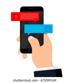 Social network concept. Chating and messaging concept. Hand holding smartphone isolated on white background. Vector illustration.