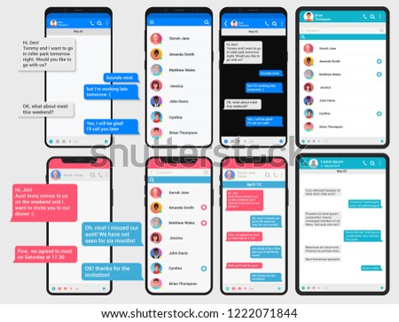 Social network concept. Chating phone and pad table screen templates set. Messenger window. Chating and messaging concept mock up for any ui presentation.
