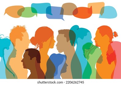 Social network concept. Coloured clouds. Multiethnic people talking. Talking and communicating among diversity of people.