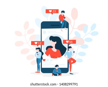 Social network concept. Communication and connection around the world through digital device. Global community of different people. Worldwide technology concept. Vector illustration in cartoon style