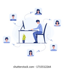 Social network concept. Communication and connection around the world through digital device. Global community of different people. Worldwide technology concept. Vector illustration in cartoon style