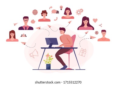 Social network concept. Communication and connection around the world through digital device. Global community of different people. Worldwide technology concept. Vector illustration in cartoon style