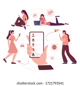 Social network concept. Communication and connection around the world through digital device. Global community of different people. Worldwide technology concept. Vector illustration in cartoon style