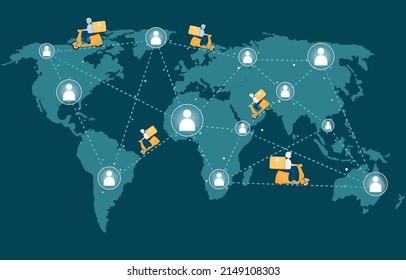 Social network concept. Connecting, communicating including online shopping around the world. People all over the world use online channels to communicate, chat, and even shop. 