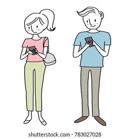 Social network concept with cute man and woman holding smartphone, typing text and sending their messages to someone. Full-length portrait of couple texting. Vector illustration with hand-drawn style.