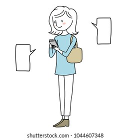 Social network concept with cute woman smiling and using her smartphone texting message to someone. Word balloons included. Vector illustration with hand-drawn style.