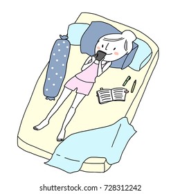 Social network concept with cute young woman lying relax on bed and looking at smartphone. Vector illustration with hand-drawn style.