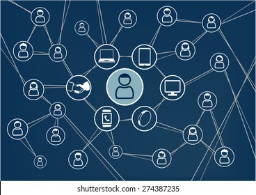 Social network concept. Dark blue vector background. Person connected to friends and family via mobile devices like smart watch, smart phone, tablet. Communication between groups of people in internet