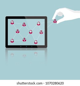 Social network concept design, a hand holding a network icon into the tablet.