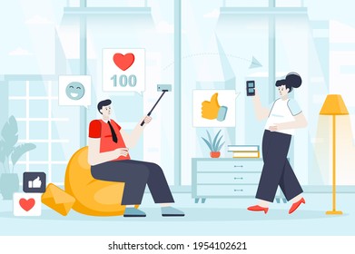 Social network concept in flat design. Man and woman use social networks scene. Content creation, digital marketing, post, likes, follow. Vector illustration of people characters for landing page