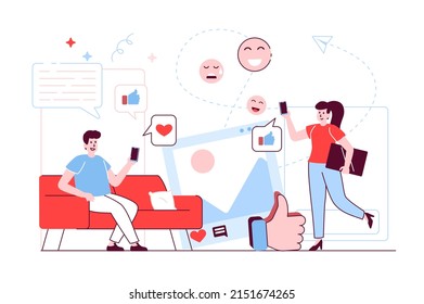 Social network concept in flat line design. Man and woman users browsing news feed, share posts, get likes and reactions, communicate online. Vector illustration with outline people scene for web