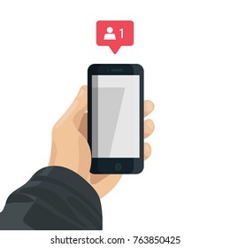 Social network concept flat poster design with isolated illustration of phone in hand with follower sign